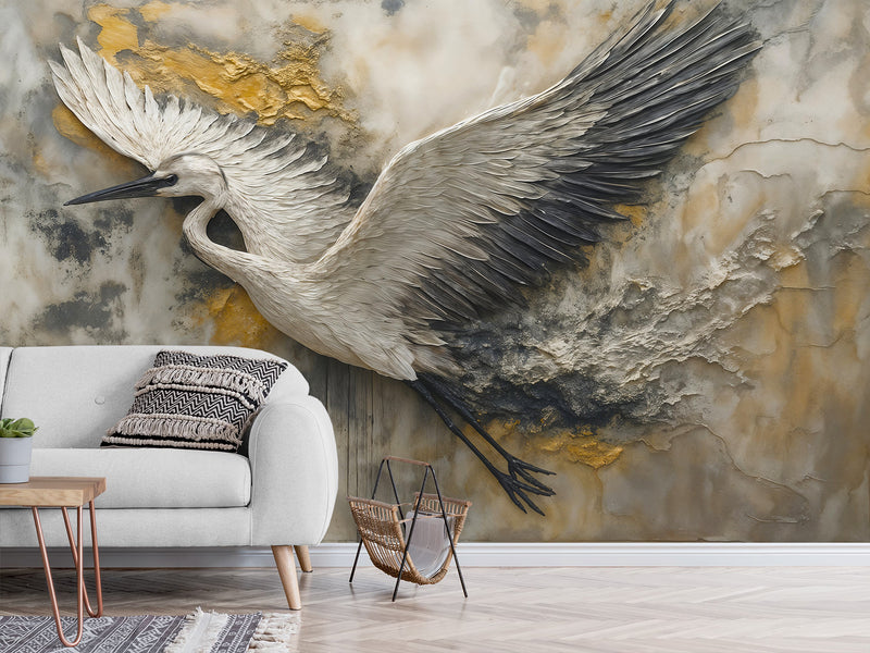 Non-Woven Wallpaper with Art Print "Flight of the Stork" — Artistic Wall Mural for Home Interior