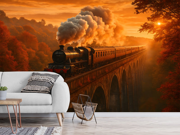 Print For Room Modern Design Self-Adhesive Wallpapers For Whole Wall Design For Bedroom Living Room "Train In Autumn Glow"