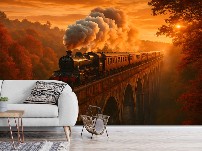 Print For Room Modern Design Self-Adhesive Wallpapers For Whole Wall Design For Bedroom Living Room "Train In Autumn Glow"