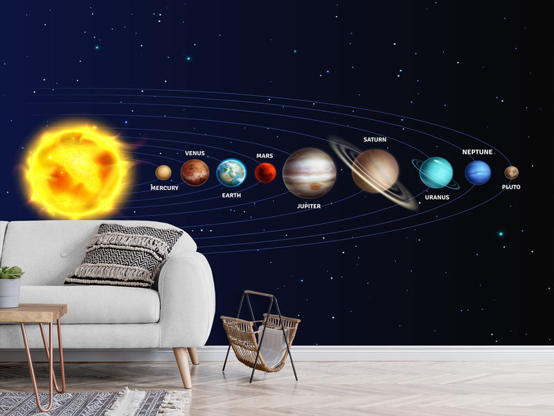 Traditional Wallpaper Mural – Solar System: From the Sun to Pluto – Full Wall Design for Office or Workspace