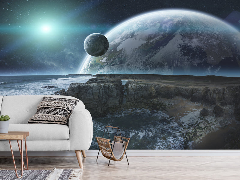 Non-Woven Wallpaper for Bed Wall in Bedroom Design Cosmic Planets 3D Mural
