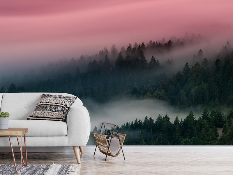 Peel & Stick Wall Mural – "Emerald Sky Over the Foggy Forest",  Vinyl Wallpaper For  Living Room, Bedroom, Or Stylish Home Interior Decor