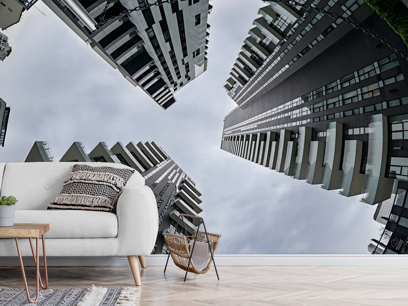 Urban Style Peel and Stick Full-Wall Wallpaper Looking Up at Skyscrapers Design for Living Room or Office