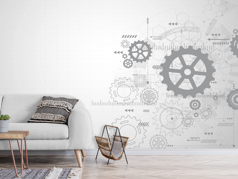 Peel and Stick Vinyl Wallpaper Schematic Gear Mechanism Design for Office Accent Wall Mural