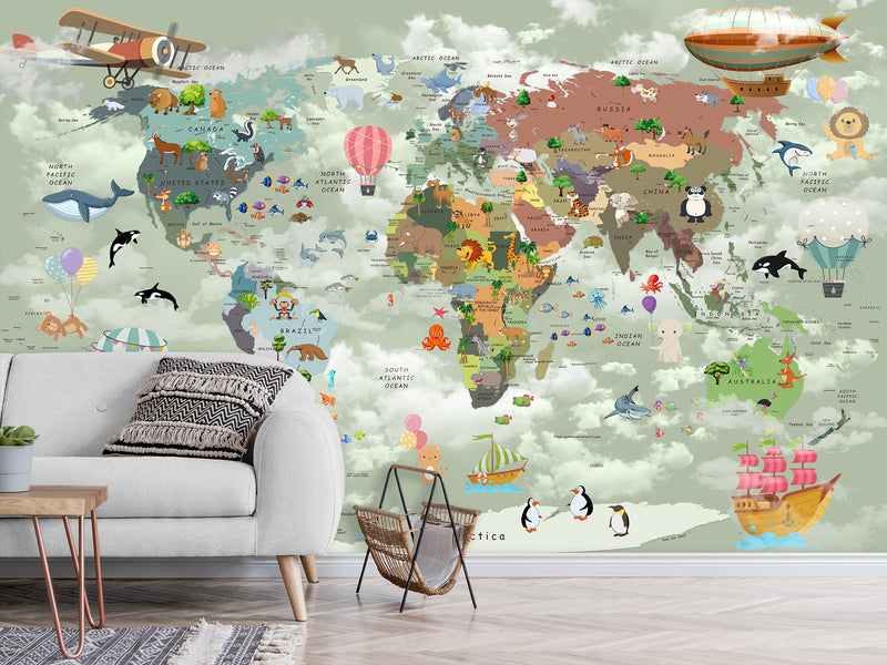 Decor for Kids room, Peel and Stick Oracal film with the pattern “Kids map of the world”