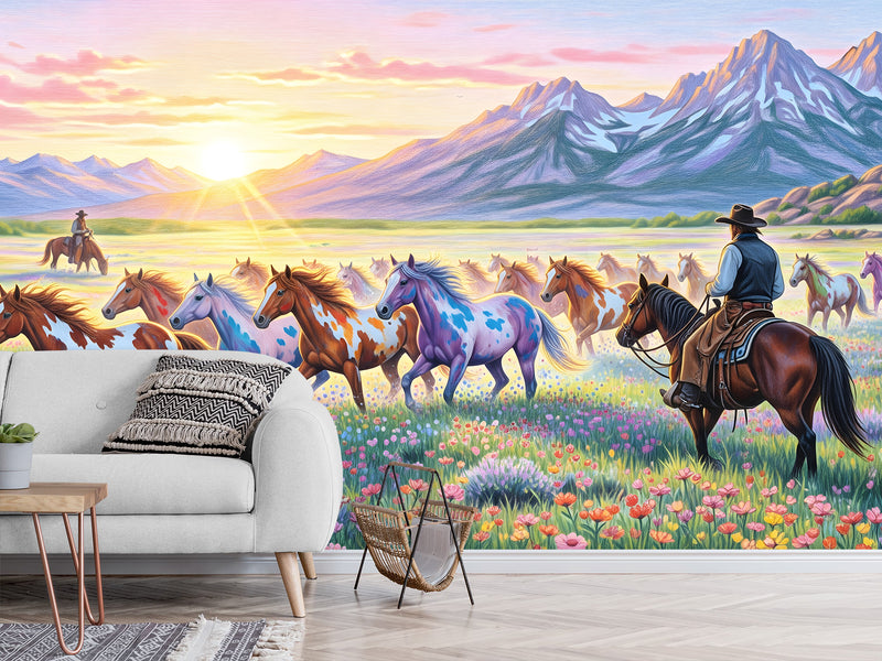 Wild West Art — Non-Woven Mural, Cowboys Watching a Herd of Horses, Wall Print for Office or Living Room