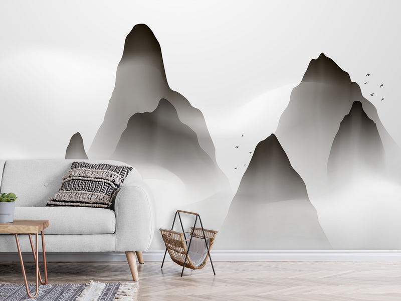Full-Size Self-Adhesive Wallpaper – Minimalist Clouds Over Mountains Mural For Living Room Or Lounge