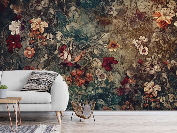 Floral Print Traditional Eco-Friendly Odorless Wall Mural For Living Room Or Bedroom In Vintage Style ‘Botanical Composition