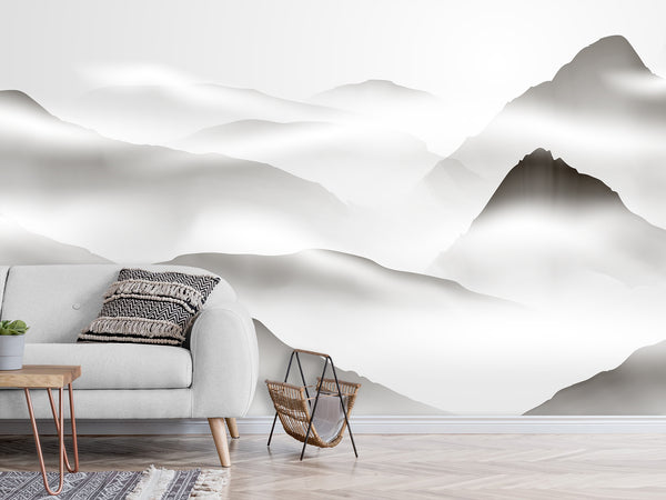 Natural Wall Mural, Calm Tones for Hall or Living Room, Non-Woven Full Wall Mural "Silhouettes of Mountains in Clouds" 🌄