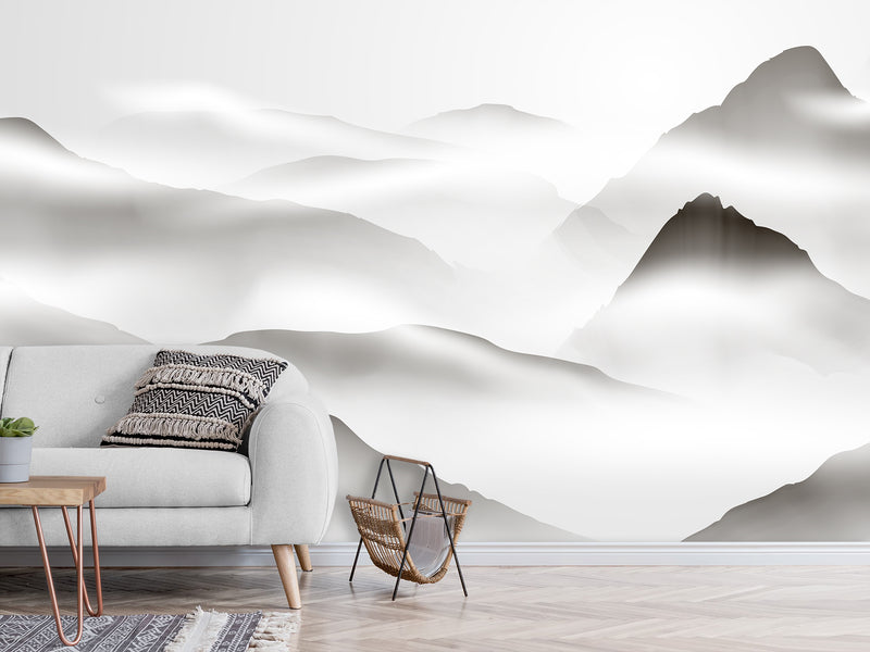 Natural Wall Mural, Calm Tones for Hall or Living Room, Non-Woven Full Wall Mural "Silhouettes of Mountains in Clouds" 🌄