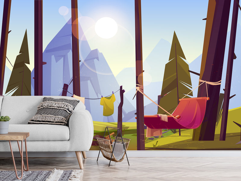 Non-Wowen Wallpaper Wallpaper For Toddlers – Camping In The Forest Cartoon-Style Kids Room Decor