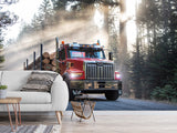 Self-Adhesive Vinyl Wall Mural – Massive Red Truck on the Road for Living Room, Gym, or Game Room Decor