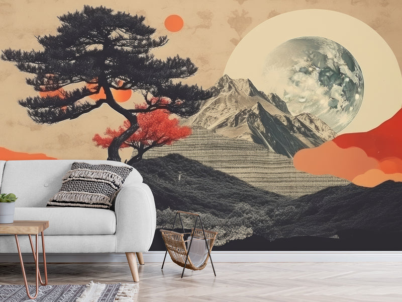 Traditional Full Wall Mural in Vintage Style, Modern Mountains and Moon for Bedroom, Hall 🌙🏔️
