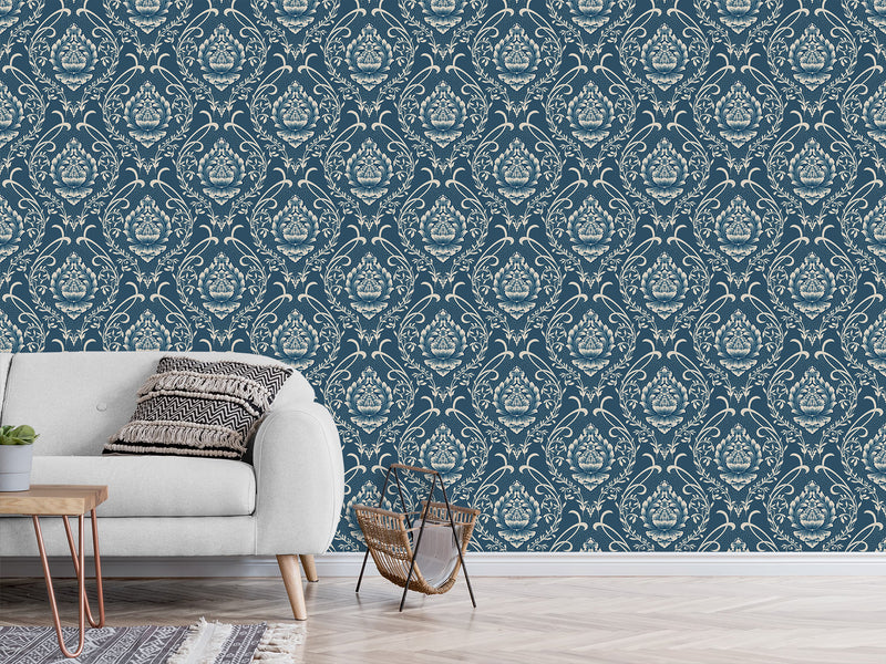 Vintage Non-Woven Photo Wallpaper Accent Wall Mural "Vintage Lotus Ornament on Dark Blue Background"