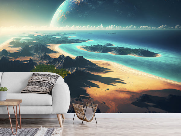 Fantastic Non-Woven Wall Murals “View of an Incredible Planet from the Beach” – Perfect for Bedroom or Living Room Design