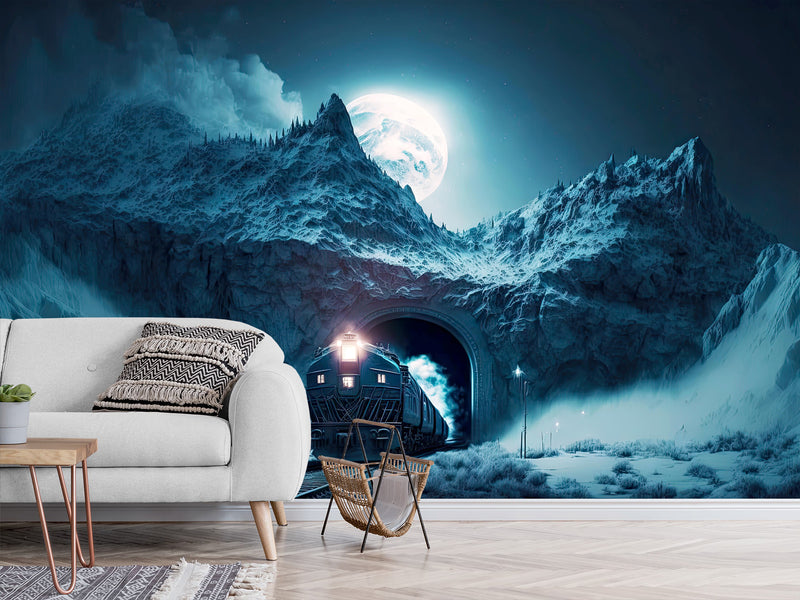 Full-Size Traditional Wallpaper Mural For Bedroom Or Living Room - Print Polar Express In Mountain Tunnel