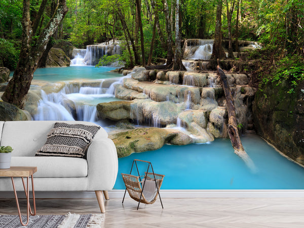 Natural Print Self-Adhesive Wall Murals – Full Wall Design for Hotel, Bedroom, Living Room "Forest Waterfall"