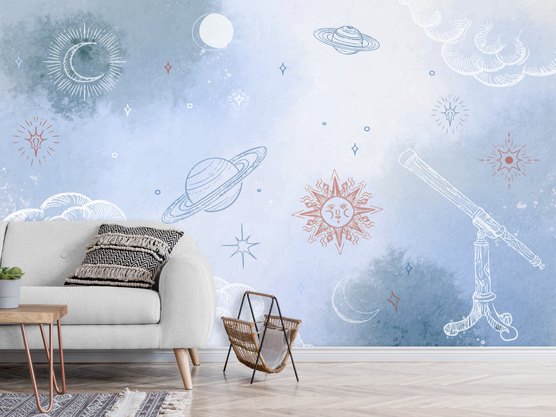 Self-Adhesive Wallpaper Made from Eco-Friendly Materials for Bedroom, Living Room, and Kids' Room “Planets, Moon, and Sun in the Clouds”