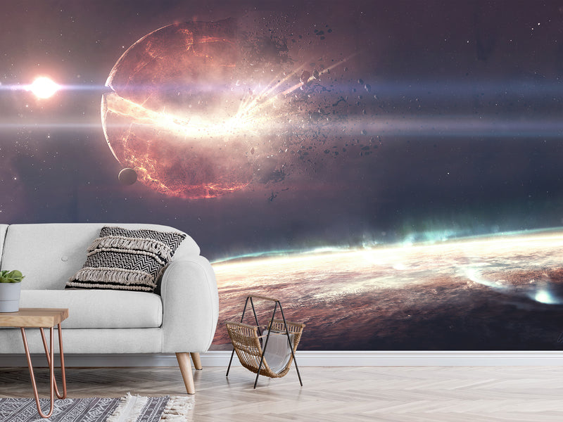 Peel and Stick Full Wall Mural Print Planet Breaking Into Fragments for Living Room or Bedroom