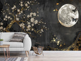 Non-Woven Mural Art Accent Wall For Bedroom, Lounge Area "Golden Plum Tree In Moonlit Night – Mural Background"