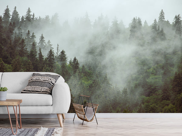 Non-Woven Nature Print Wall Mural for Office, Living Room, "Forest in Mist" Wall Art