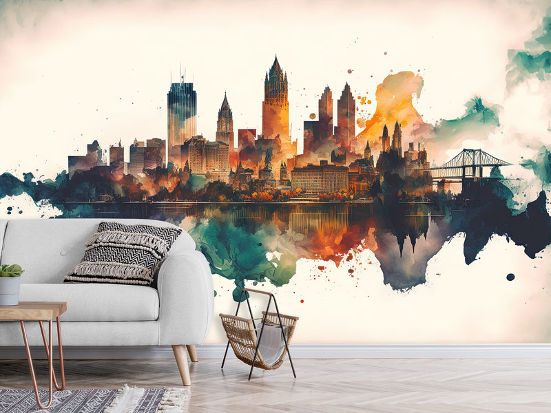 Full-Wall Mural Vinyl Wallpaper Peel and Stick Design For Workshop, Office, Or Hall “City In Watercolor”