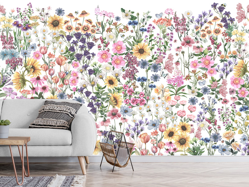 🌸Floral Print For Home Design Non-Woven Wall Murals "Watercolor Wildflowers" For Living Room, Creative Space, Bedroom 🌸