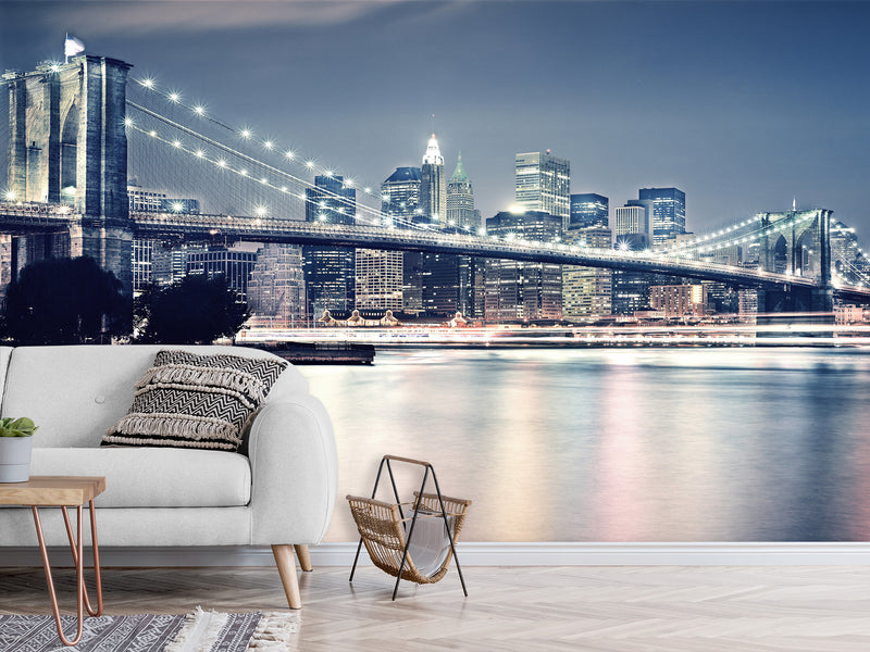 Traditional Wallpaper "Brooklyn bridge at night" New York city – Wall art Wall Mural for Bedroom Kitchen & Living Room