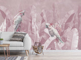 Tropical Pastel Botanical Print Peel and Stick Mural “Parrots in Palm Leaves” – Perfect for Decorating Bedrooms and Living Rooms