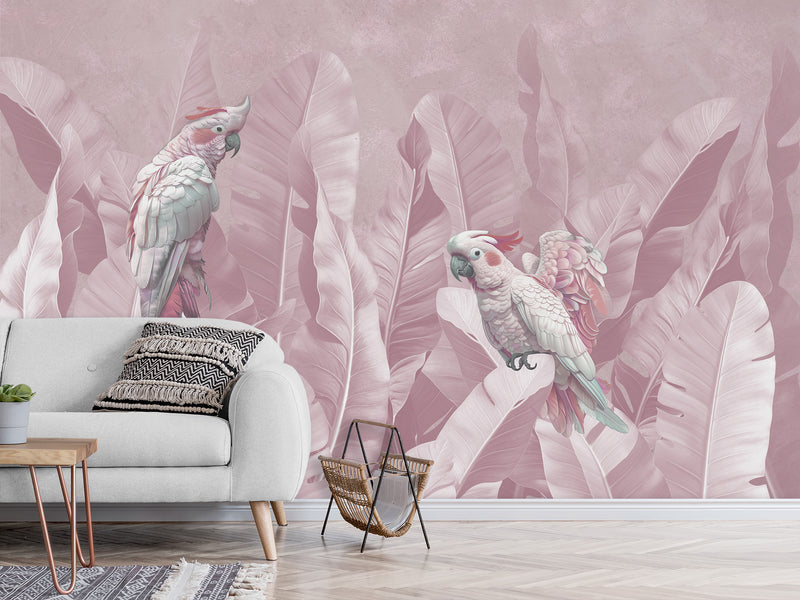 Tropical Pastel Botanical Print Peel and Stick Mural “Parrots in Palm Leaves” – Perfect for Decorating Bedrooms and Living Rooms