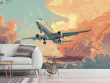Vinyl Wallpaper Peel and Stick Comic Style Print Mural For Bedroom, Kids Room "Airplane Flying Through the Evening Sky"