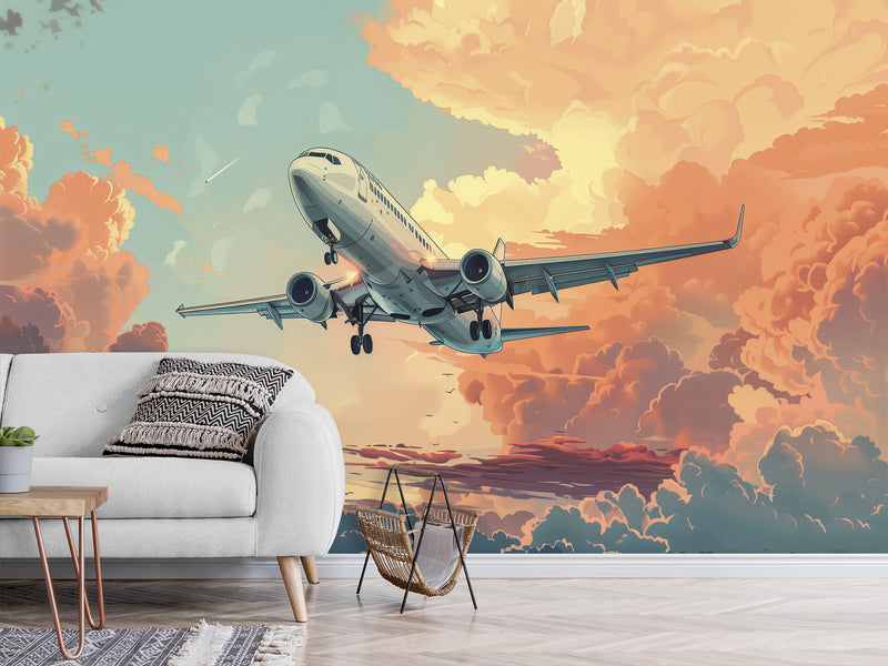 Vinyl Wallpaper Peel and Stick Comic Style Print Mural For Bedroom, Kids Room "Airplane Flying Through the Evening Sky"