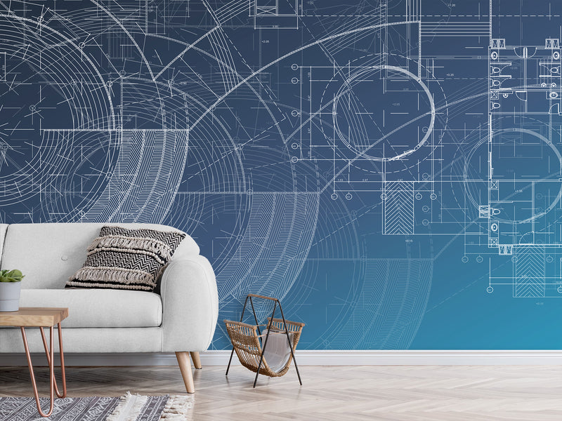 Peel and Stick Vinyl  Wall mural “Blueprint engineering " Wallpaper for For Office,  Home decor