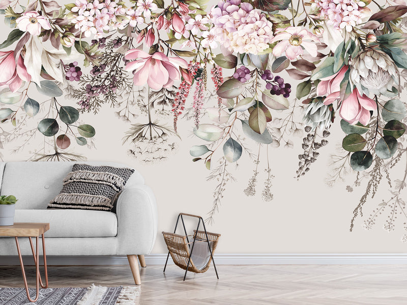 Floral Print Non-Woven Wallpaper – "Delicate Pink and White Flowers", Stylish Wall Mural for Home Interior