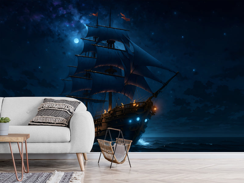 Sea Print Peel and Stick Wall Mural for Office, Living Room, Hall "Ship in the Moonlit Night" 🌙