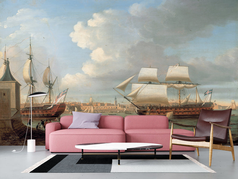 Vintage High-Quality Self-Adhesive Wall Murals for Living Room, Bedroom, and Home Office, In-House Production, Vintage Style "Sailing Era Sea Port"