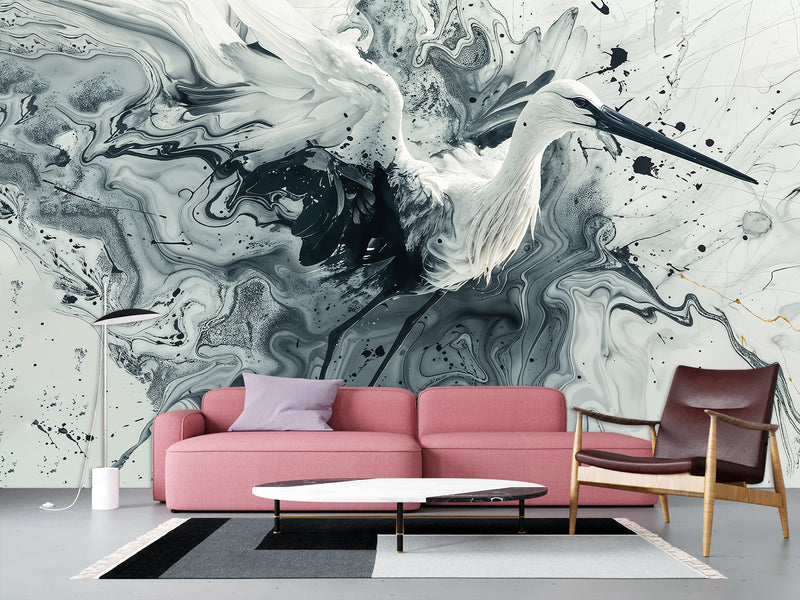 Full-Wall Peel and Stick Wallpaper – Art Print "Dance of the Stork in Abstraction" Mural for Office, Study, or Living Room