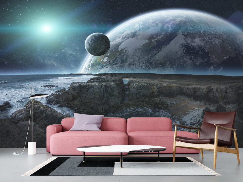 Non-Woven Wallpaper for Bed Wall in Bedroom Design Cosmic Planets 3D Mural
