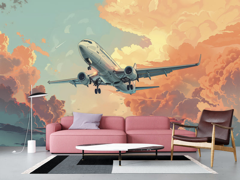 Vinyl Wallpaper Peel and Stick Comic Style Print Mural For Bedroom, Kids Room "Airplane Flying Through the Evening Sky"