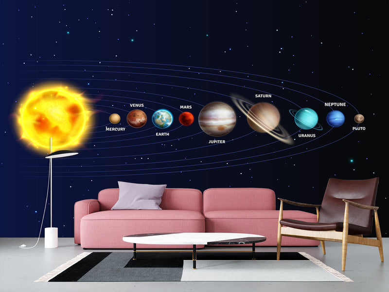 Traditional Wallpaper Mural – Solar System: From the Sun to Pluto – Full Wall Design for Office or Workspace