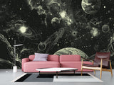Vinyl Wallpaper Pell and  Stick Print For Living Room Or Bedroom, Full-Wall Design Mural “Cosmic Motion: Planets And Stars” — Perfect For An Accent Wall
