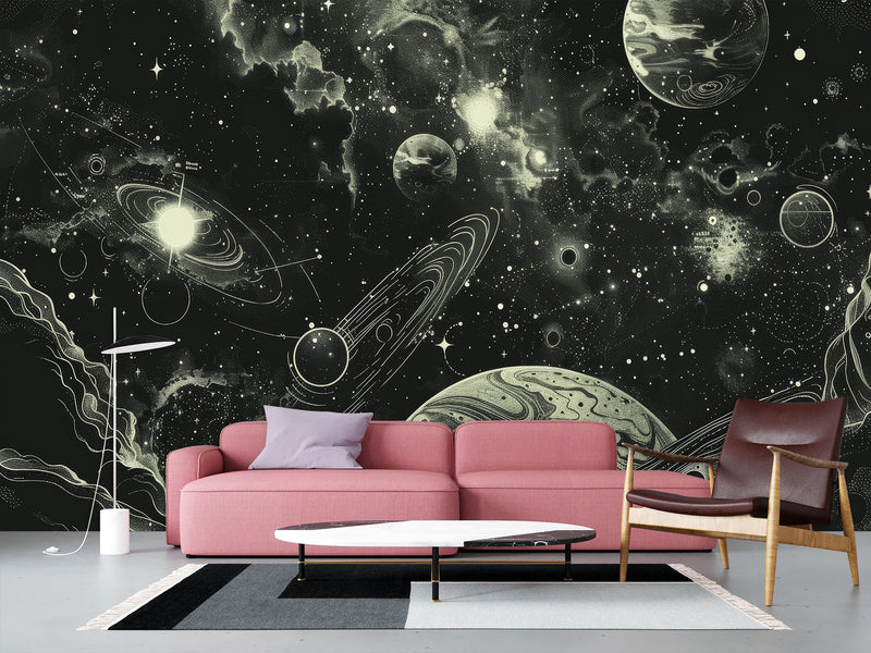 Vinyl Wallpaper Pell and  Stick Print For Living Room Or Bedroom, Full-Wall Design Mural “Cosmic Motion: Planets And Stars” — Perfect For An Accent Wall
