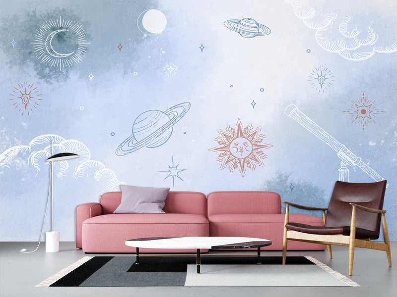 Self-Adhesive Wallpaper Made from Eco-Friendly Materials for Bedroom, Living Room, and Kids' Room “Planets, Moon, and Sun in the Clouds”