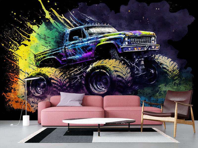 Full-Size Traditional Wallpaper Bold Decor for Workout Room or Office Epic Monster Truck Print Mural