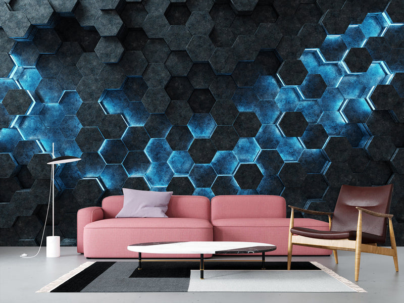 Non-Woven Wallpaper for Office & Home Workspace – Modern Wall Decor – Black-Blue Hexagons