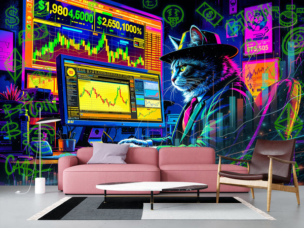 Strategy And Development Vinyl Wallpaper Peel and Stick "Holographic Hacker Cat", Desing For Bedroom And Office