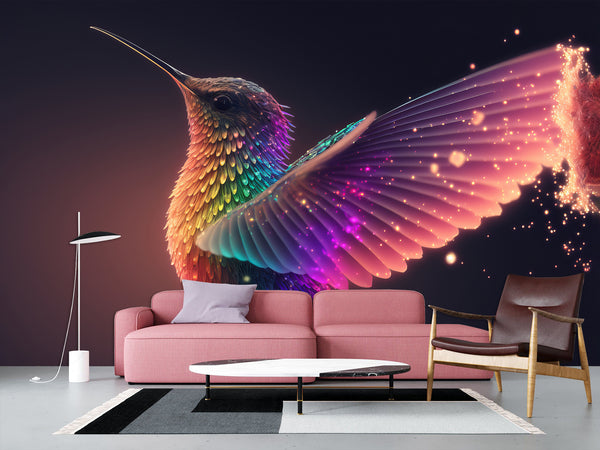 Colorful Bird Wall Mural Peel And Stick Wallpaper Full Wall "Neon Hummingbird" Décor For Bedroom, Living Room, Kids Room 🕊️✨
