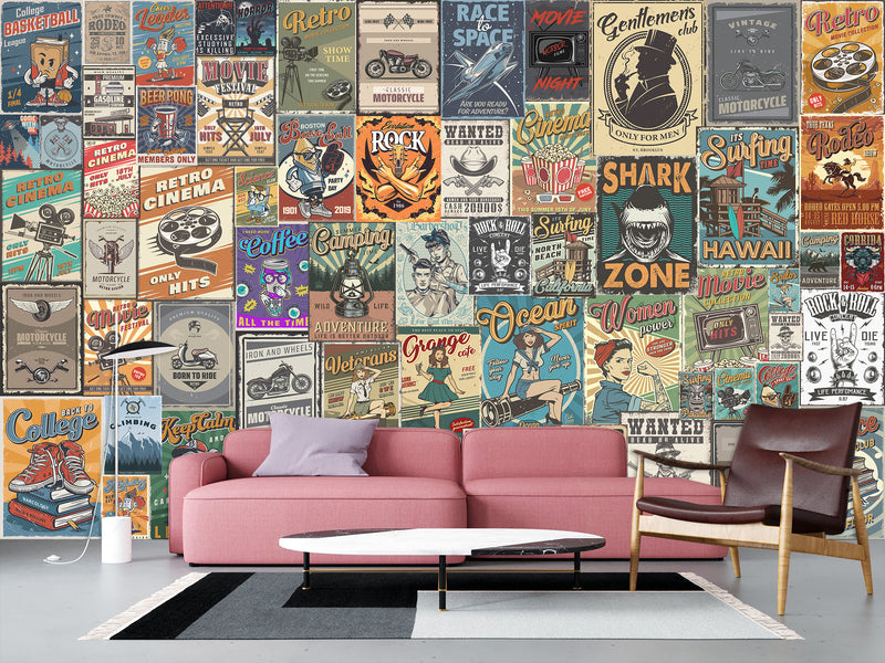 Wall mural Retro Poster Wallpaper – Vintage Ad Style Decor For Gym Or Recreation Room