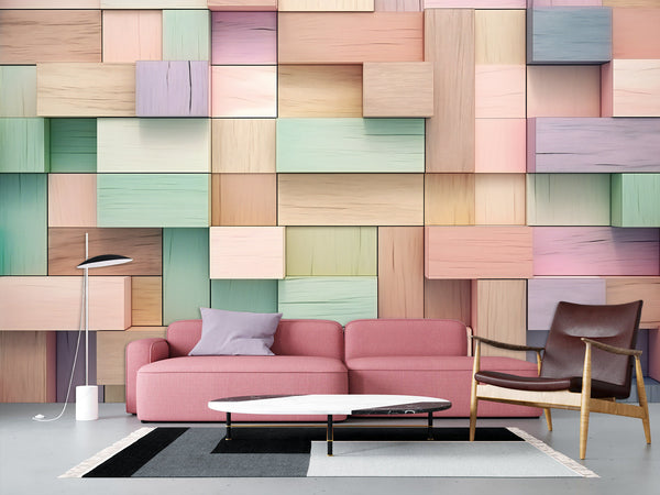 Calm Tone Wallpapers – Non-Woven Wall Murals, 3D Abstract Wallpaper "Colorful Wooden Cubes", Decor for Bedroom, Living Room, Kids' Room