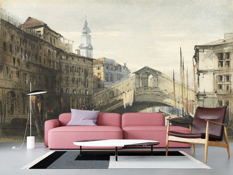 Peel and Stick Mural Vintage Style For Living Room or Bedroom - William Callow The Rialto Bridge Venice